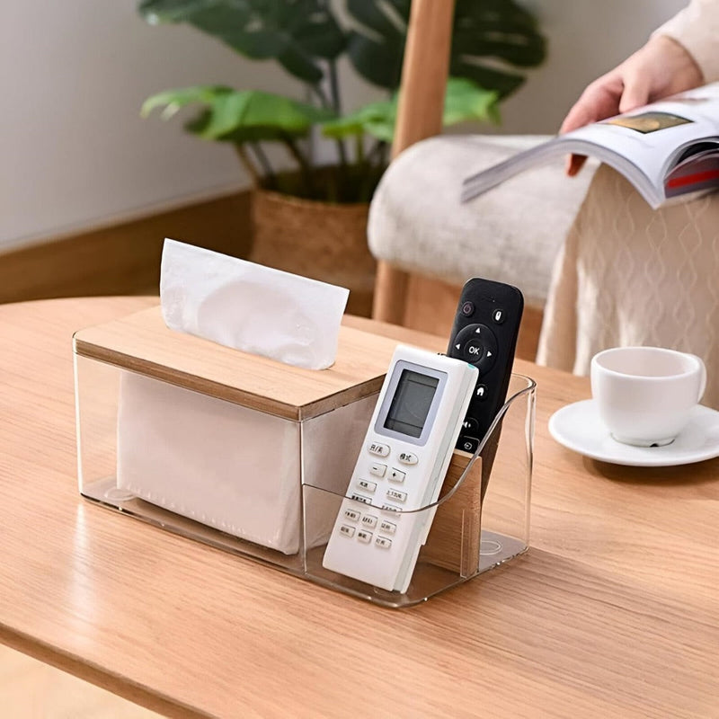 ClearView Wooden Lid Tissue Box with Dual Compartments